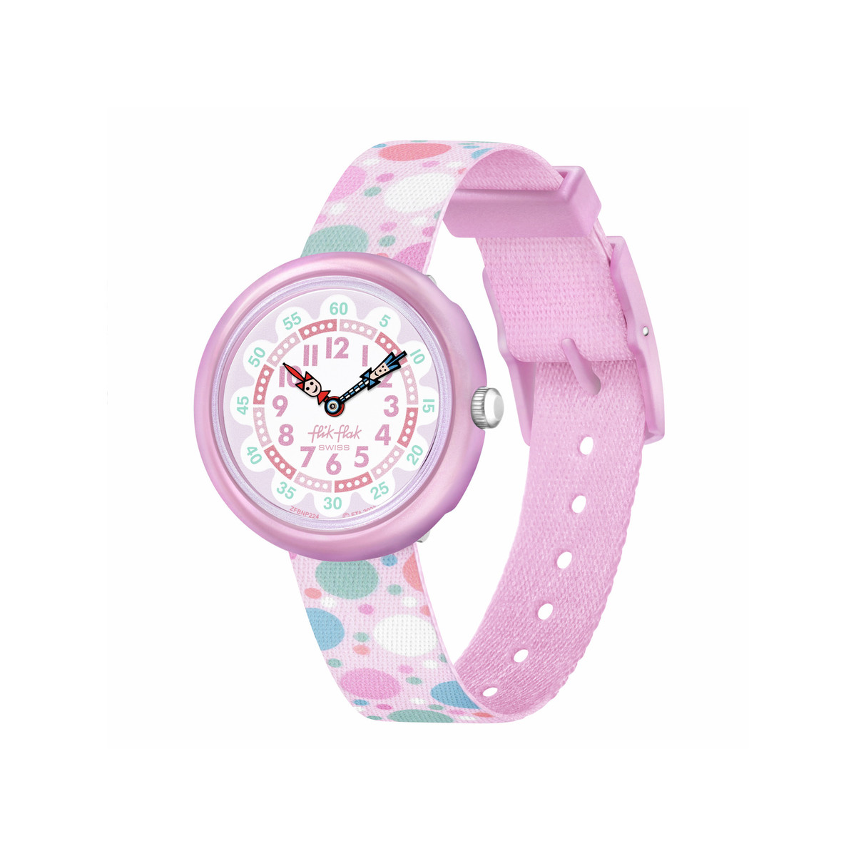 Montre Flik Flak Organized Chaos Flying Bubbles enfant bracelet pet recycle rose