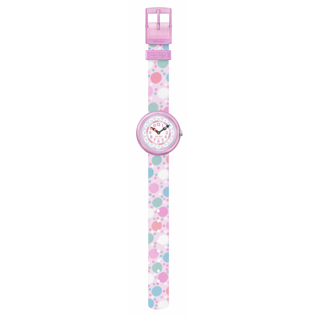 Montre Flik Flak Organized Chaos Flying Bubbles enfant bracelet pet recycle rose - vue D1