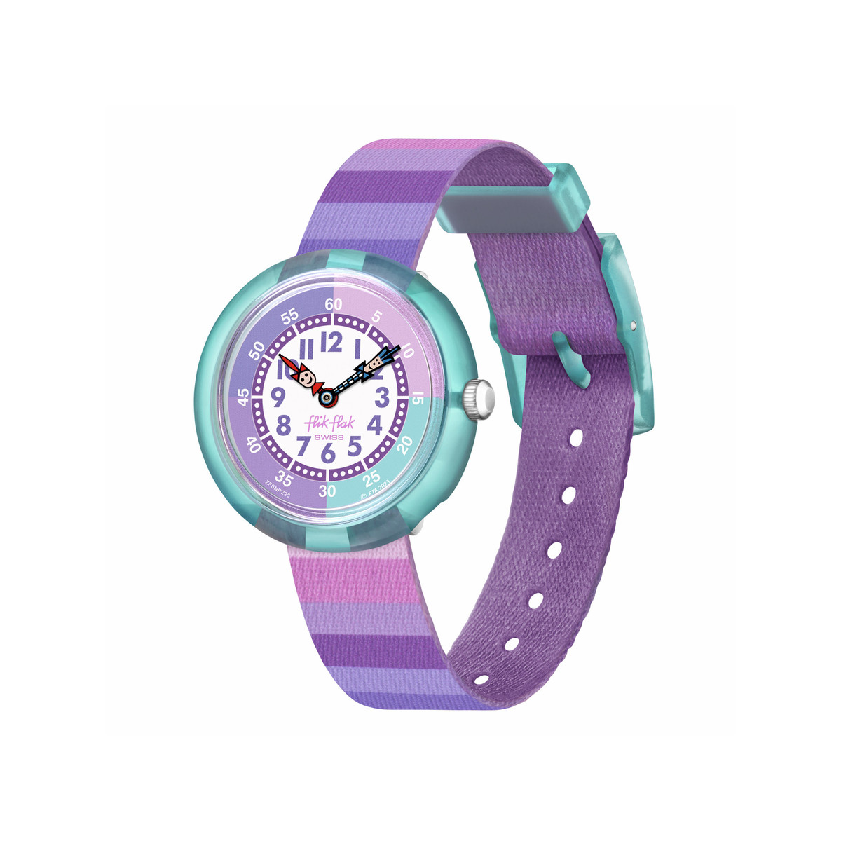 Montre Flik Flak Organized Chaos Stripy purple enfant bracelet pet recycle violet