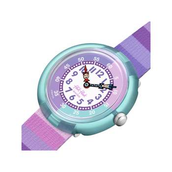 Montre Flik Flak Organized Chaos Stripy purple enfant bracelet pet recycle violet