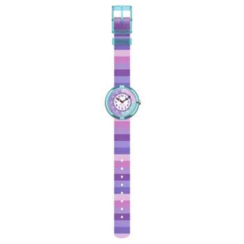 Montre Flik Flak Organized Chaos Stripy purple enfant bracelet pet recycle violet