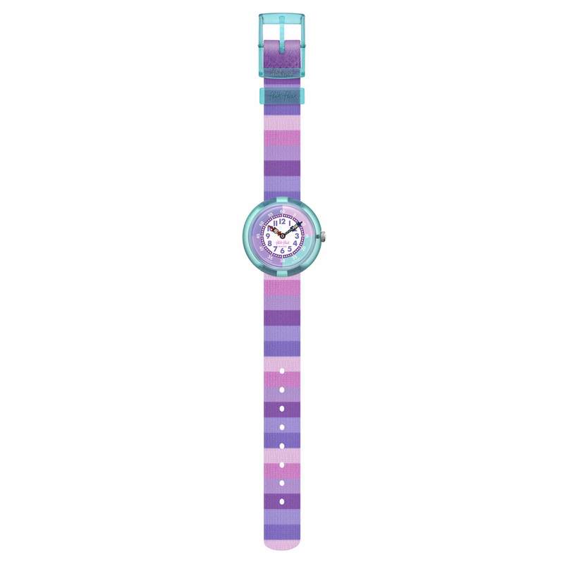 Montre Flik Flak Organized Chaos Stripy purple enfant bracelet pet recycle violet - vue D1