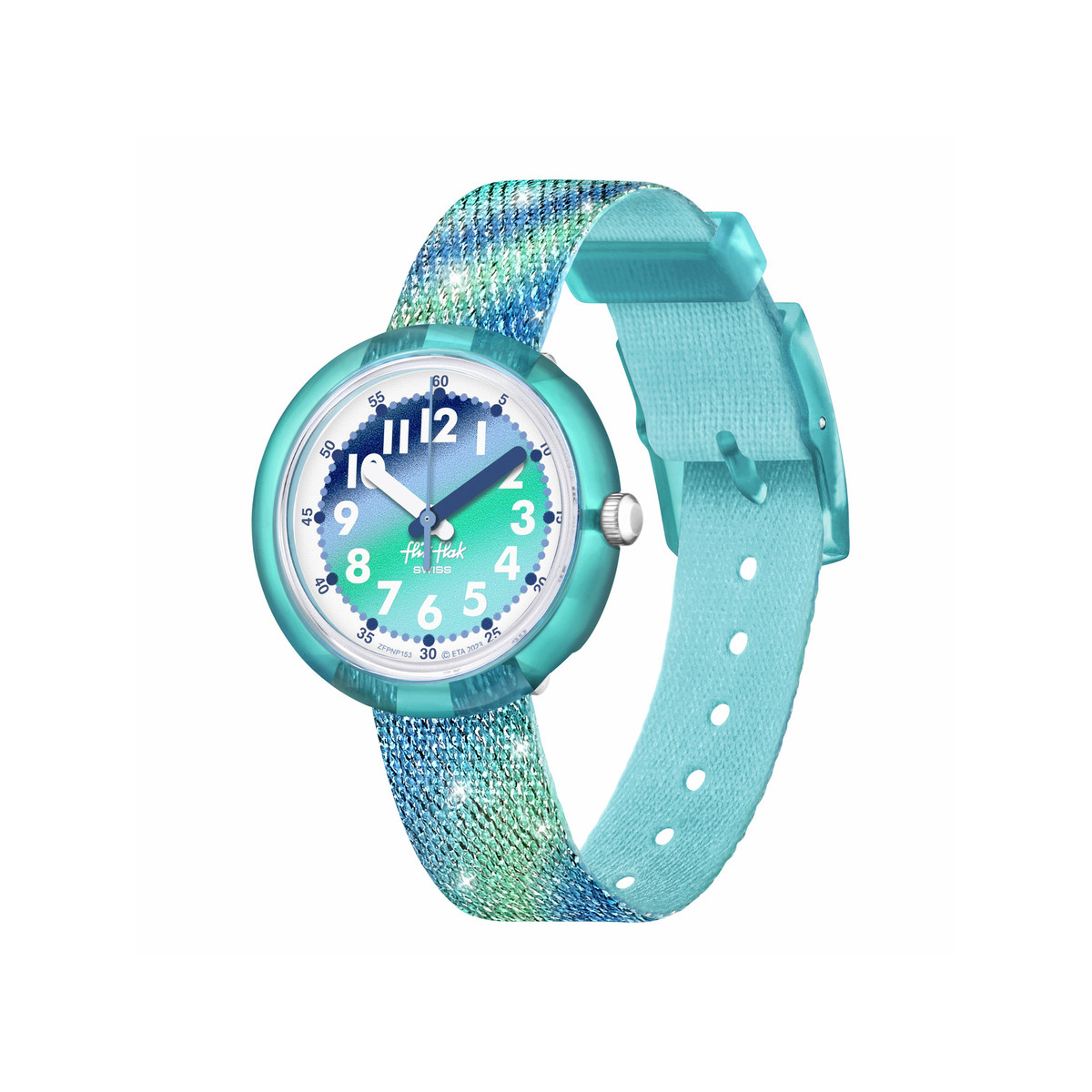 Montre Flik Flak Organized Chaos Frozen Rainbow enfant bracelet pet recycle bleu