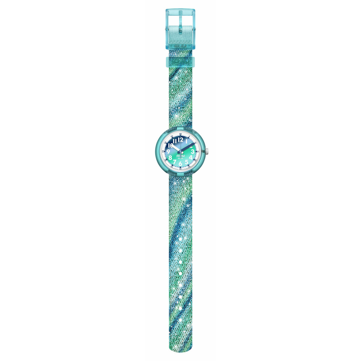 Montre Flik Flak Organized Chaos Frozen Rainbow enfant bracelet pet recycle bleu - vue D1