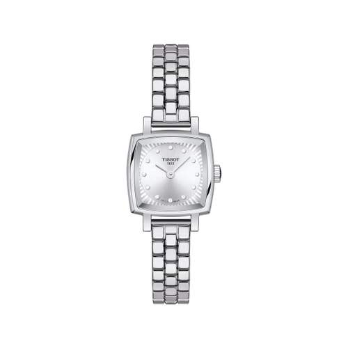 TISSOT T-LADY LOVELY SQUARE women's watch with gray dial, diamonds, and stainless steel bracelet