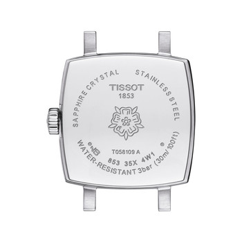 TISSOT T-LADY LOVELY SQUARE dameshorloge met grijze wijzerplaat, diamanten en roestvrijstalen armband