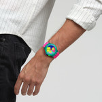 SWATCH watch with pink silicone bracelet - view worn 2