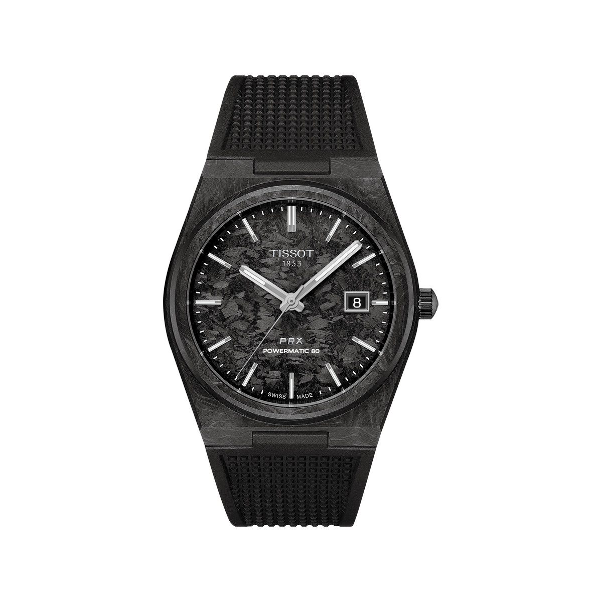 Montre TISSOT prx homme automatique, bracelet synthétique noir, boitier acier carbone forgé