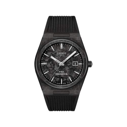 TISSOT PRX Men's Automatic Watch, Black Synthetic Strap, Forged Carbon Steel Case