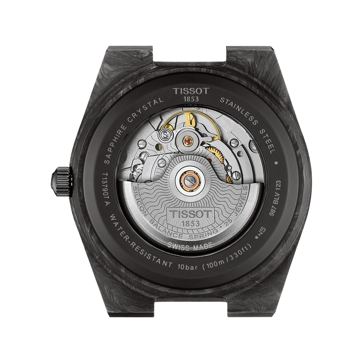 Montre TISSOT prx homme automatique, bracelet synthétique noir, boitier acier carbone forgé - vue 3