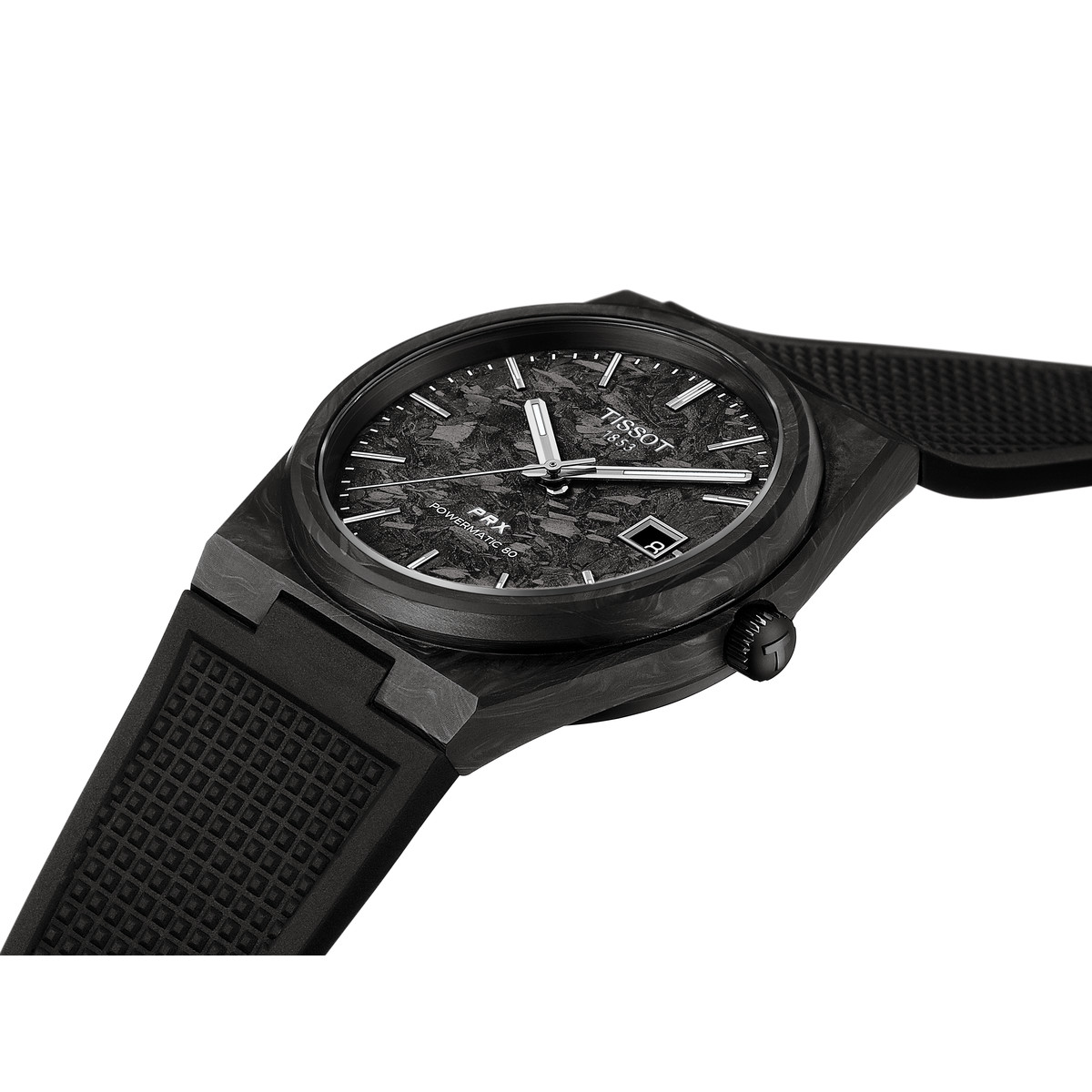 Montre TISSOT prx homme automatique, bracelet synthétique noir, boitier acier carbone forgé - vue D1