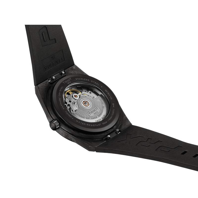 Montre TISSOT prx homme automatique, bracelet synthétique noir, boitier acier carbone forgé - vue D2