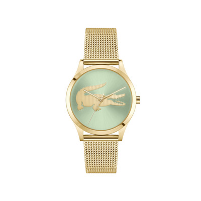 Montre LACOSTE crocodelle femme Acier doré jaune cadran vert bracelet maille milanaise