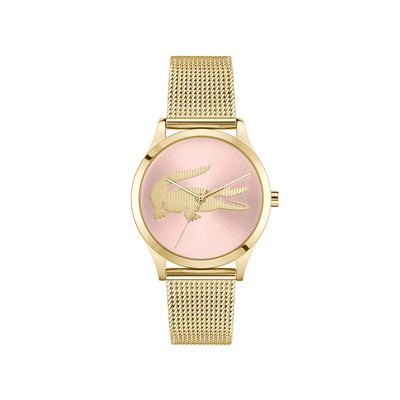 Montre LACOSTE crocodelle femme Acier doré jaune cadran rose bracelet maille milanaise