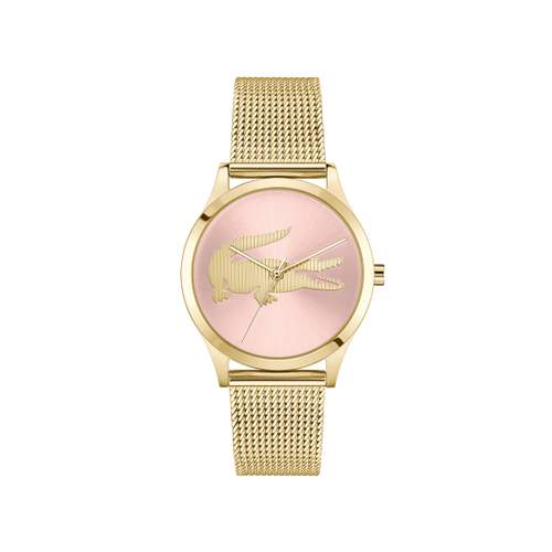 LACOSTE crocodelle dameshorloge Staal, geelgouden wijzerplaat, roze, Milanese steekarmband