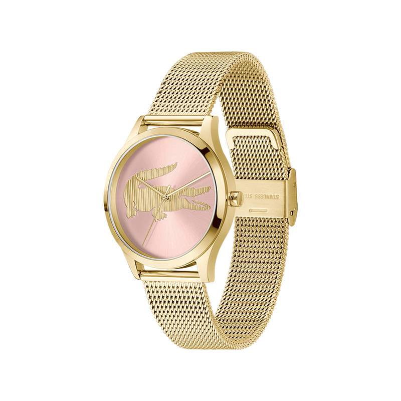 Montre LACOSTE crocodelle femme Acier doré jaune cadran rose bracelet maille milanaise - vue 2
