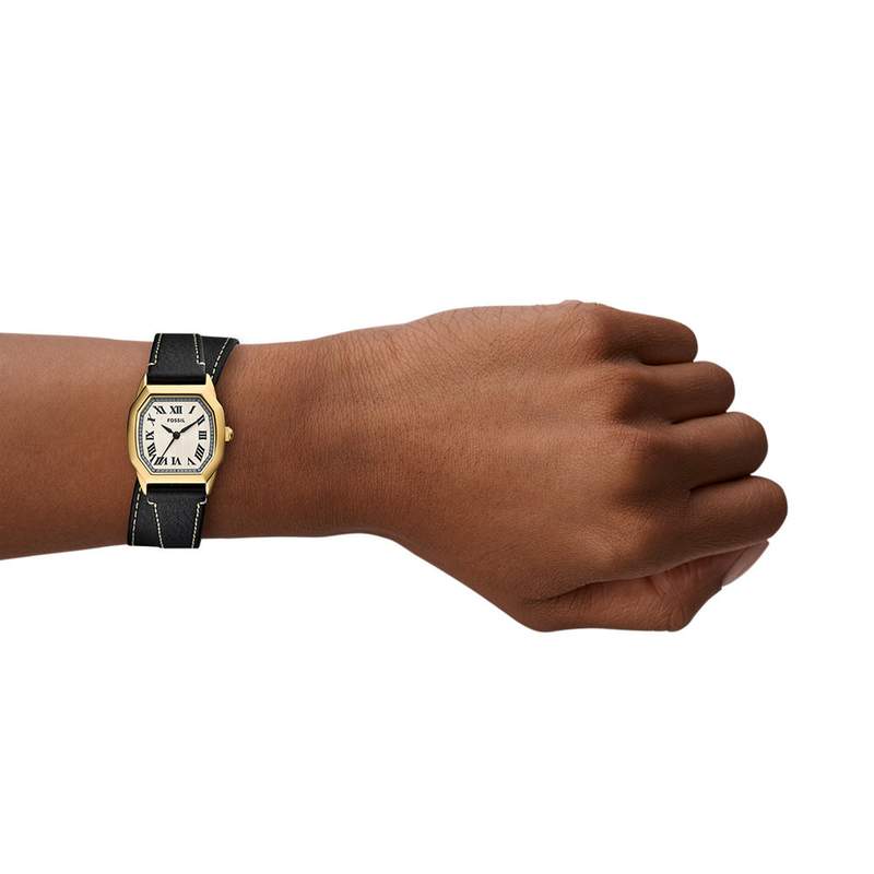 FOSSIL harlow ladies watch with black leather strap - view worn 2
