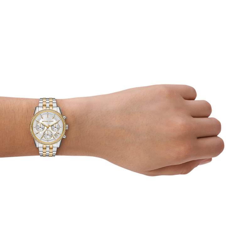 Montre MICHAEL KORS bryant femme bracelet acier inoxydable bicolore - vue porté 2