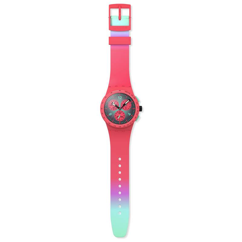 Montre SWATCH essentials mixte cadran rose bracelet silicone vert - vue D1