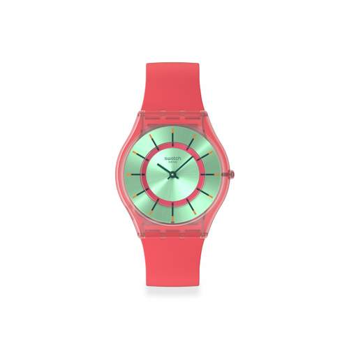 SWATCH essentials watch mixed green dial red silicone strap