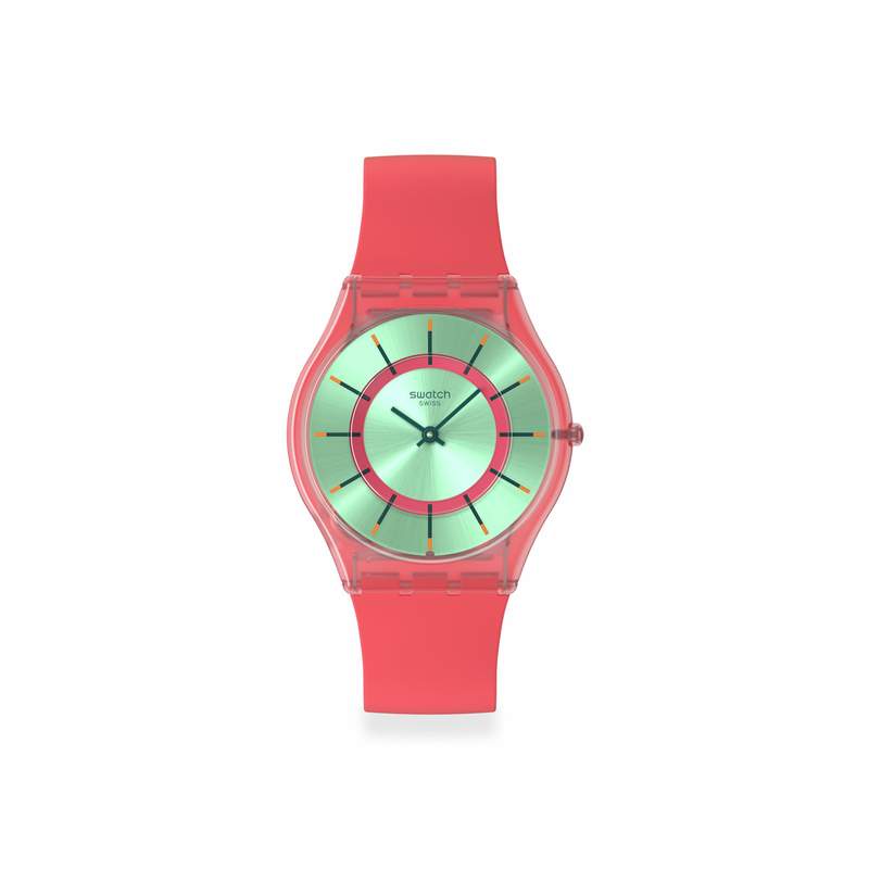 Montre SWATCH essentials mixte cadran vert bracelet silicone rouge - vue 1
