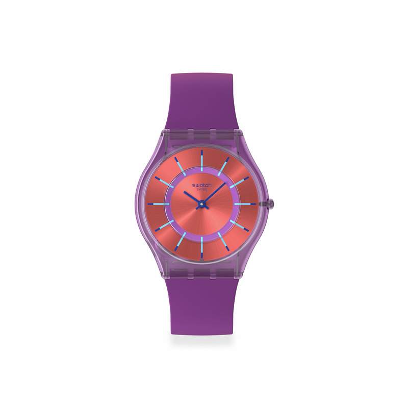 Montre SWATCH Essentials mixte cadran rouge bracelet silicone violet - vue 1