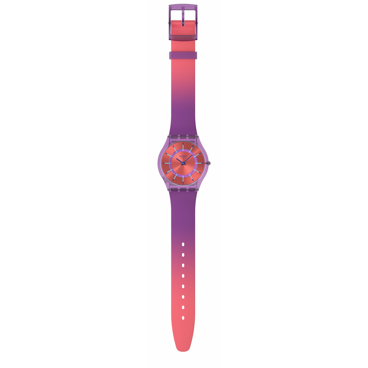 Montre SWATCH Essentials mixte cadran rouge bracelet silicone violet - vue D1