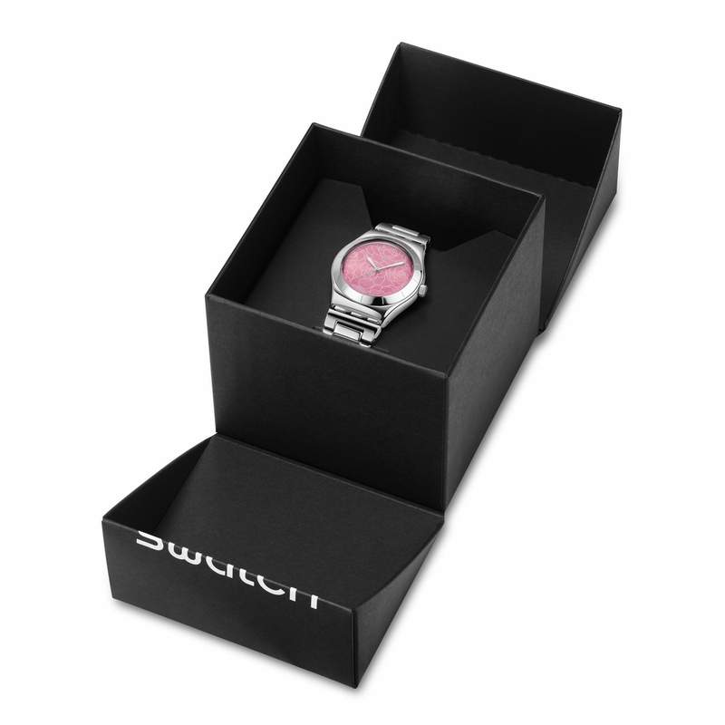 Montre SWATCH blossom time femme cadran rose bracelet acier inoxydable gris - vue D2