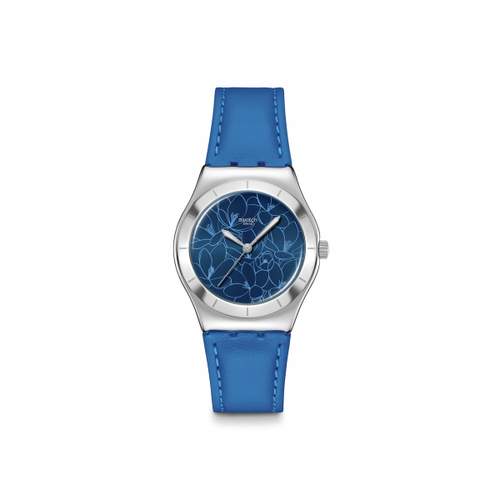 SWATCH bloesem tijd horloge vrouw cadra blauw leren band dier blauw