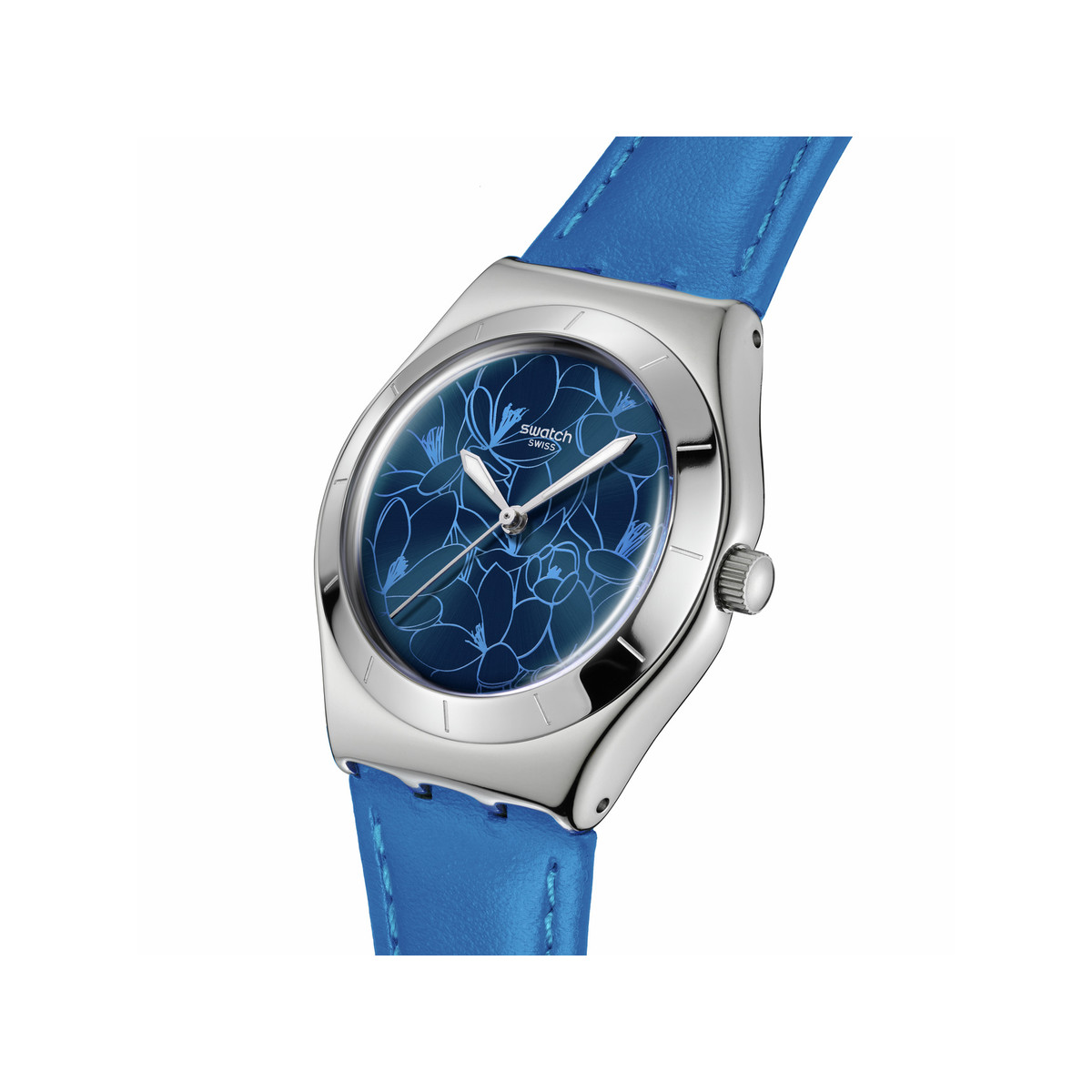 Montre SWATCH blossom time femme cadra bleu bracelet cuir animal bleu - vue 2