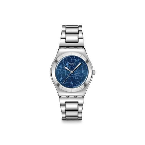 SWATCH blossom time ladies' watch blue dial stainless steel bracelet