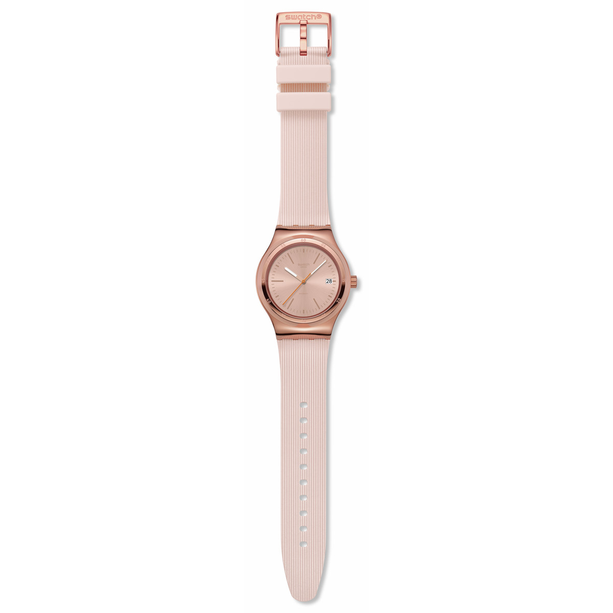 Montre SWATCH Essentials femme automatique, cadran rose, bracelet silicone rose - vue D1