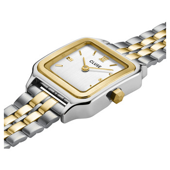 CLUSE Gracieuse Petite dameshorloge met witte wijzerplaat en tweekleurige roestvrijstalen armband