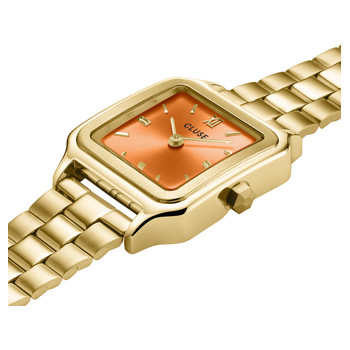 CLUSE Gracieuse Petite dameshorloge oranje wijzerplaat, gouden roestvrijstalen armband