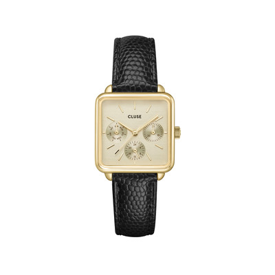 Montre CLUSE La Tétragone Multifunction femme cadran acier doré bracelet cuir noir