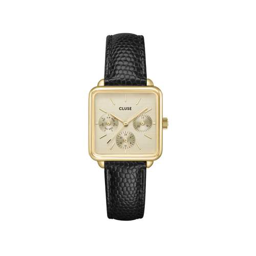 CLUSE La Tétragone Multifunction women's watch with gold-plated steel dial and black leather strap