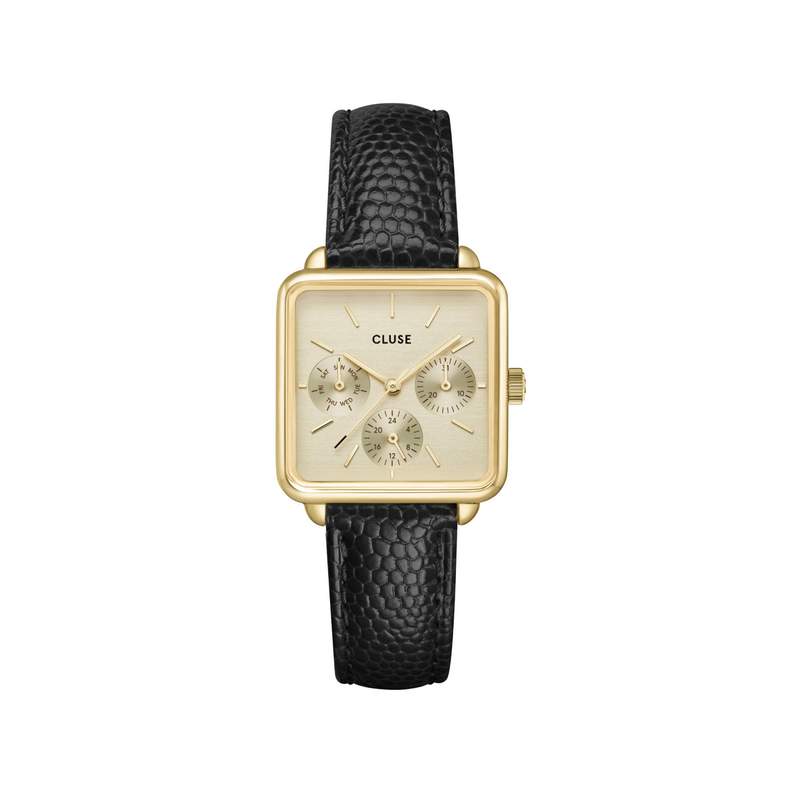 Montre CLUSE La Tétragone Multifunction femme cadran acier doré bracelet cuir noir - vue 1
