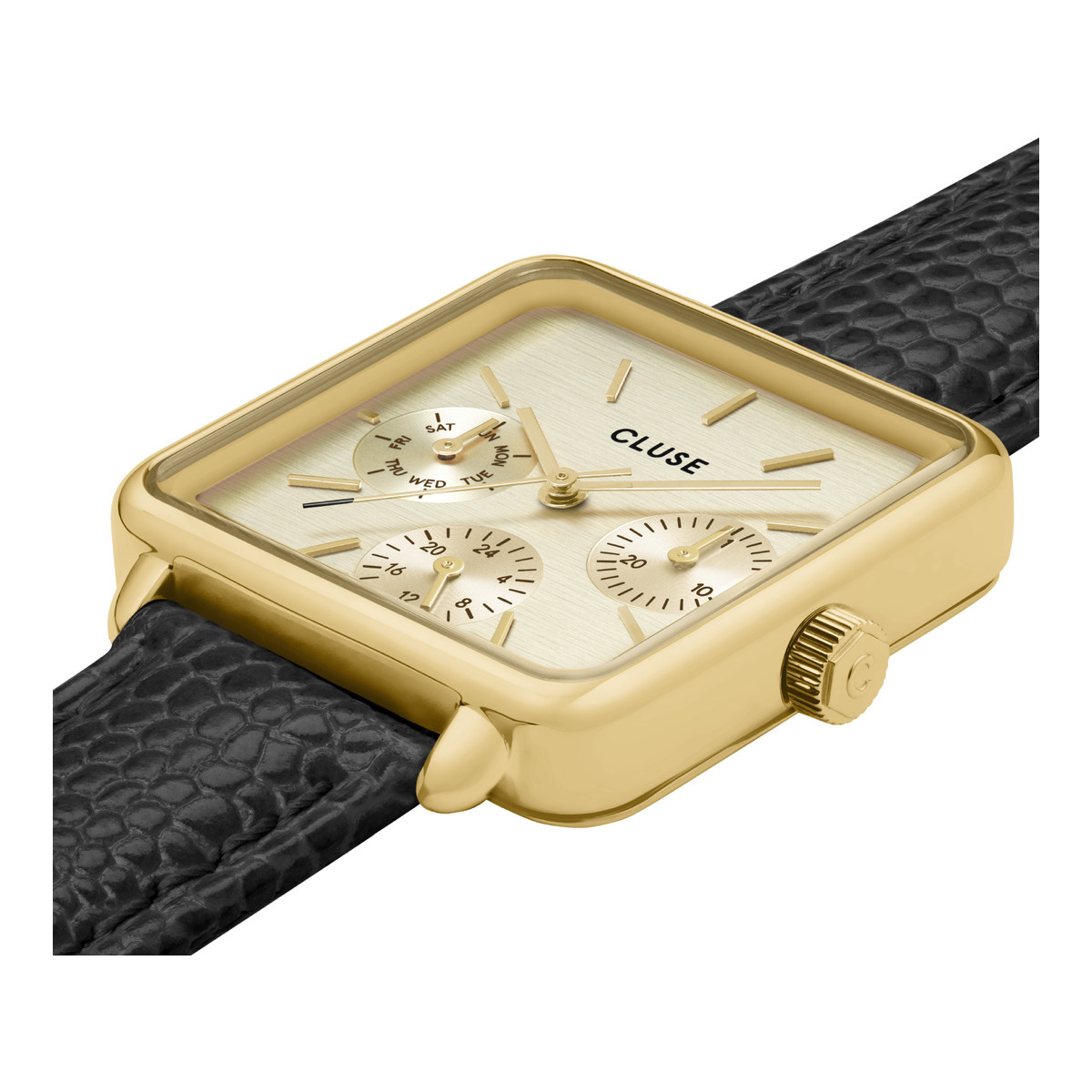 Montre CLUSE La Tétragone Multifunction femme cadran acier doré bracelet cuir noir - vue 2