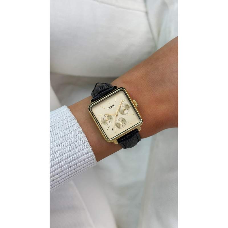 Montre CLUSE La Tétragone Multifunction femme cadran acier doré bracelet cuir noir - vue porté 1