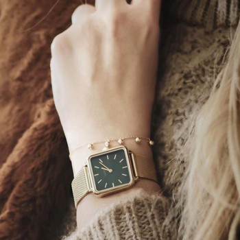 CLUSE La Tétragone dameshorloge met groene wijzerplaat en gouden roestvrijstalen horlogeband