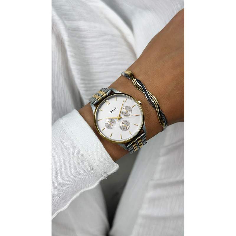 Montre CLUSE Minuit Multifunction femme cadran blanc bracelet acier bicolore - vue porté 1