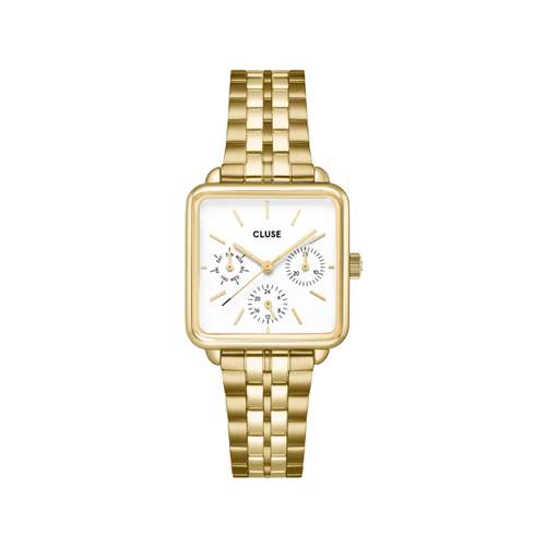 Montre CLUSE La Tétragone Multifunction femme cadran blanc bracelet acier doré