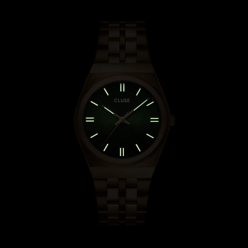 Montre CLUSE Retro 70's femme cadran vert bracelet acier doré - vue D1