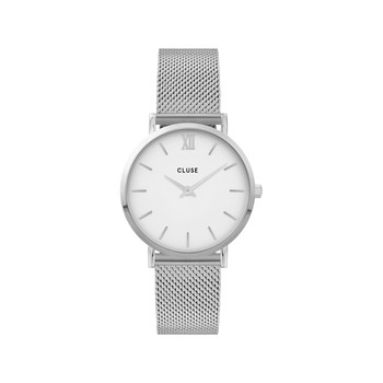 CLUSE Minuit dameshorloge met witte wijzerplaat en roestvrijstalen armband