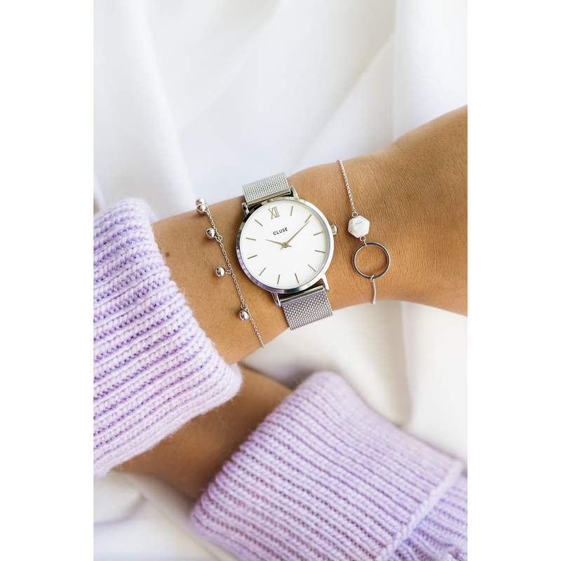 Montre CLUSE Minuit femme cadran blanc bracelet acier - vue porté 3