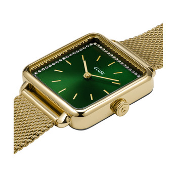 CLUSE La Tétragone dameshorloge met groene wijzerplaat en gouden roestvrijstalen horlogeband