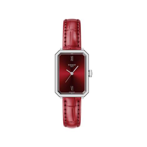 TISSOT SRV dameshorloge rode wijzerplaat rood leren band