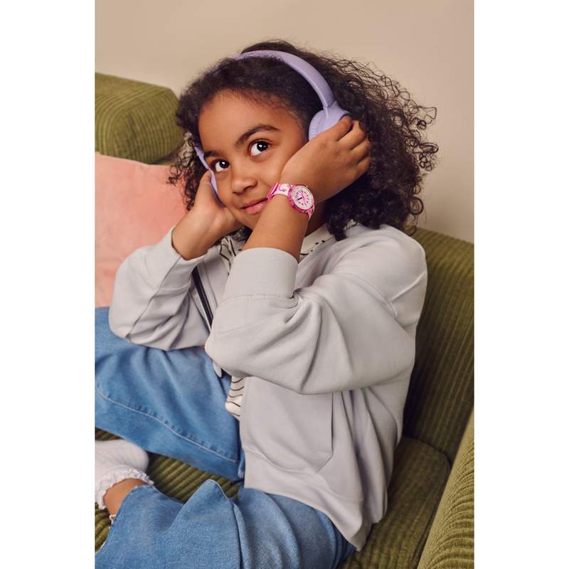 Montre FLIK FLAK Classroom Creations enfant cadran rose bracelet pet recycle rose - vue porté 1
