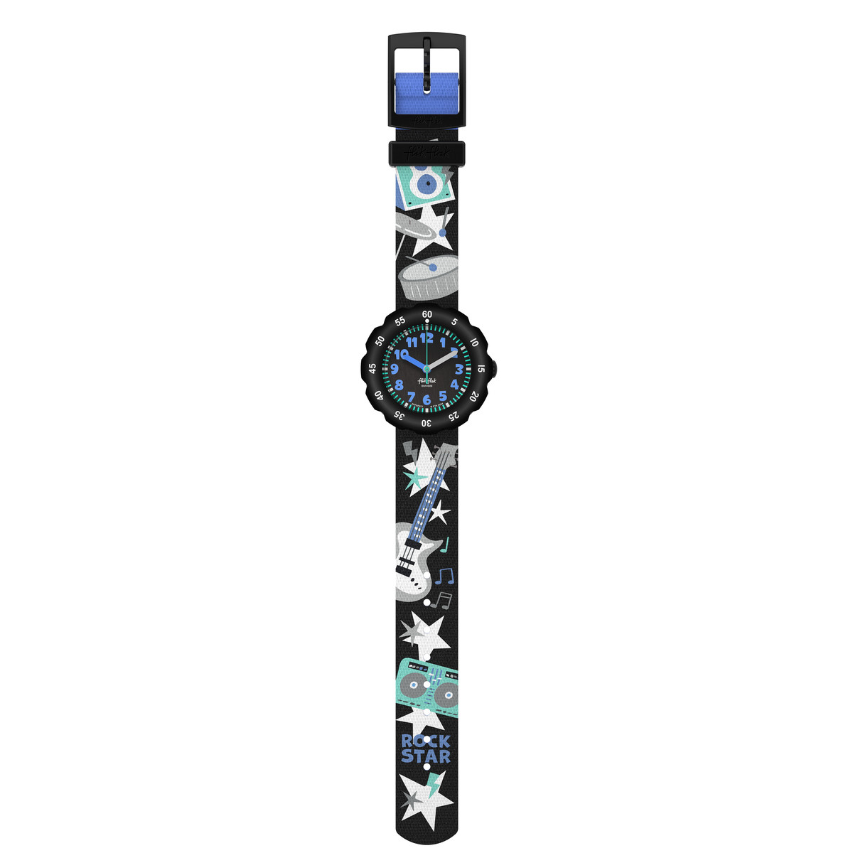 Montre FLIK FLAK Classroom Creations enfant cadran blanc bracelet pet recycle noir - vue D1