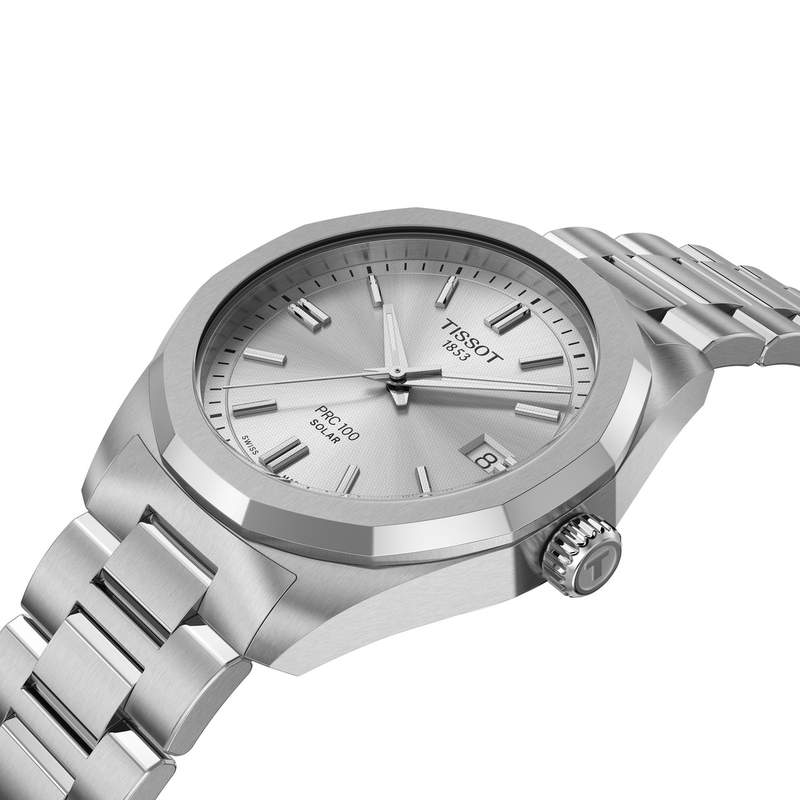 Montre TISSOT T-CLASSIC PRC 100 SOLAR mixte cadran gris bracelet acier inoxydable - vue D1
